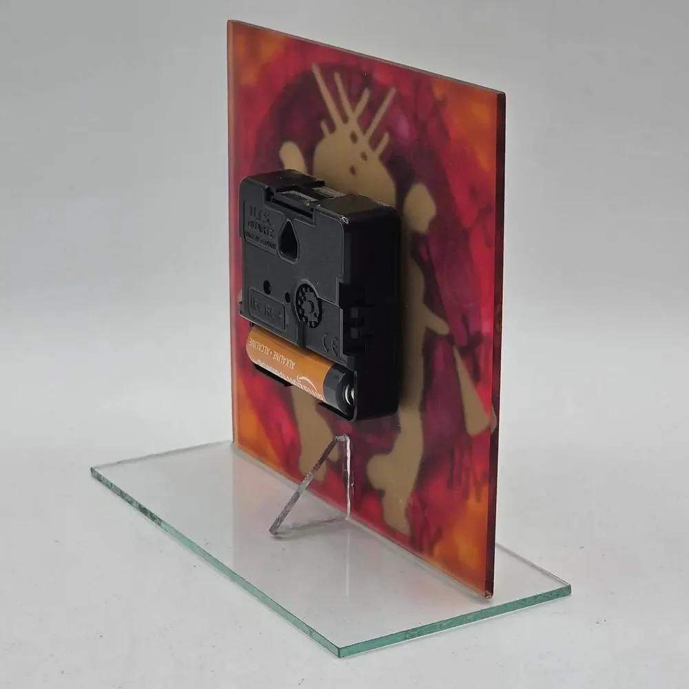 Hand Painted Glass Desk Clock Golden Trumpeting Angels Colorful Red Square Art